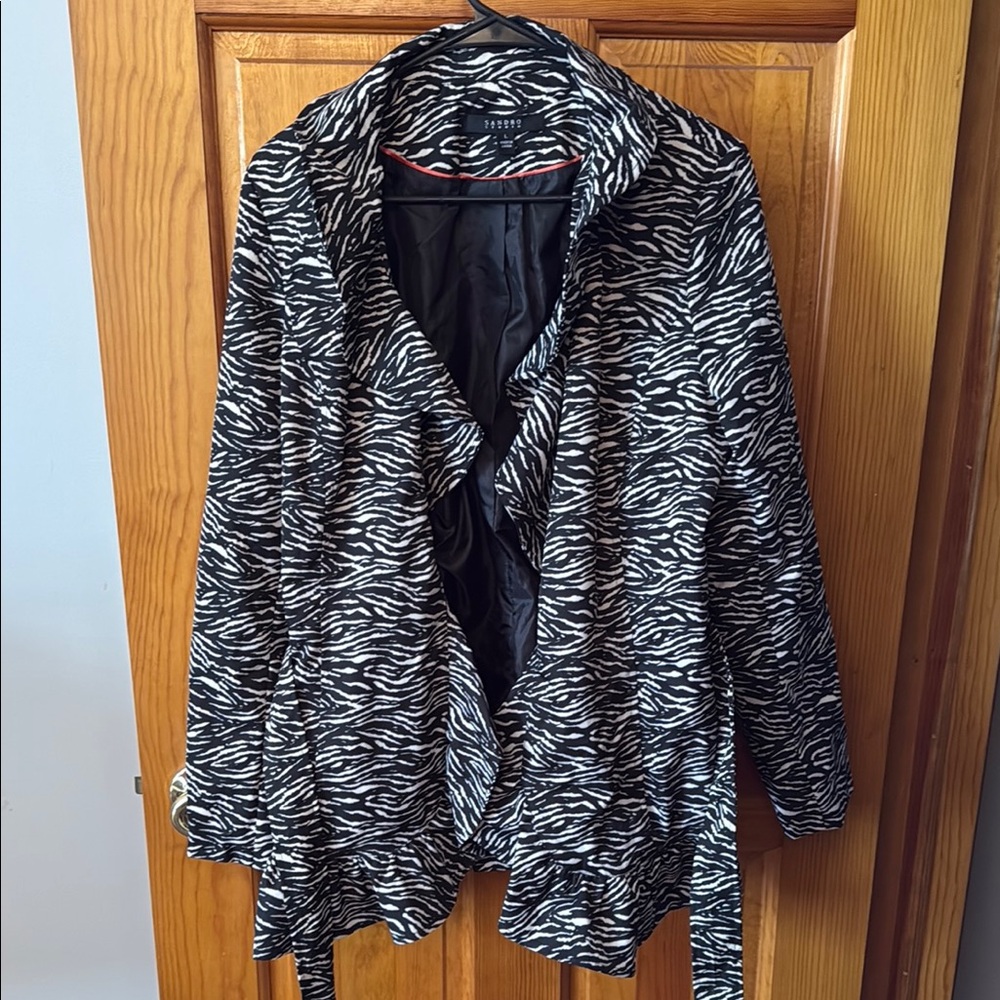 #69 - Sandro Black and White Coat with Ruffled Collar and Tie Belt